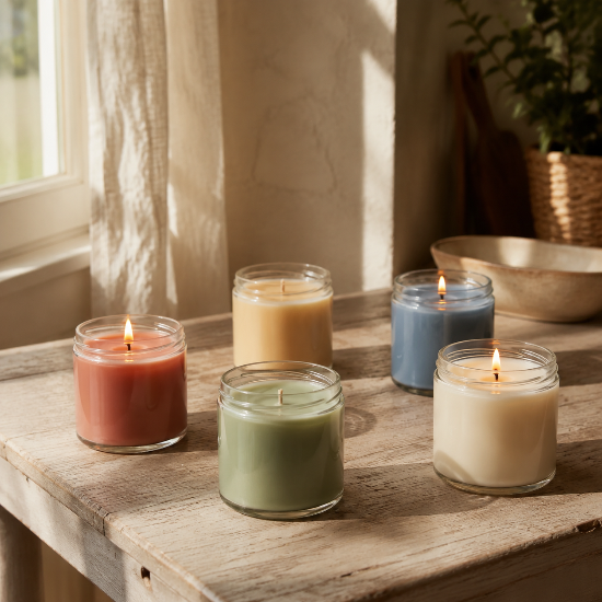 Four lit glass jar candles in assorted colors—rust red, pale yellow, sage green, and dusty blue—arranged on a rustic wooden table in a softly lit interior setting.
