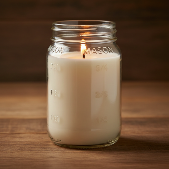 Candle in a mason jar on a wooden surface with a warm glow