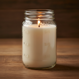 Candle in a mason jar on a wooden surface with a warm glow