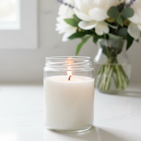 Candle in a glass jar with a bouquet of flowers in the background on a light surface.