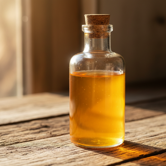 Glass bottle with cork stopper containing a orangish yellow liquid on a weathered wooden surface