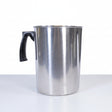 Silver pitcher with a black handle on a white background
