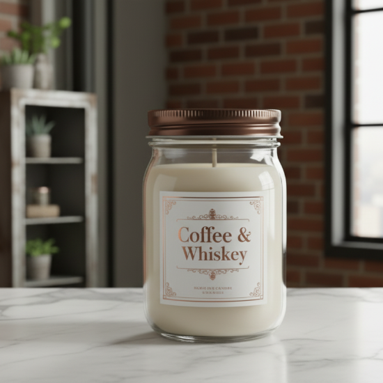 Jar candle with a brown lid on a surface with a blurred indoor background