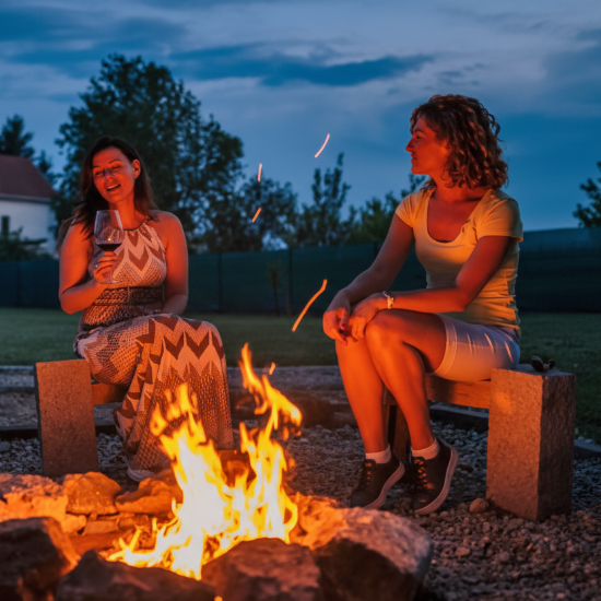 Two women sitting by a fire pit in a backyard at dusk.