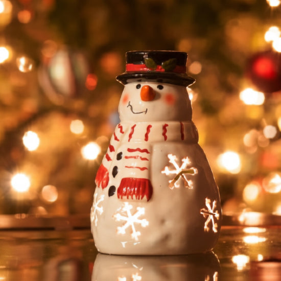 Decorative snowman figurine with a blurred Christmas tree in the background