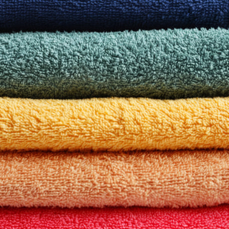 Stack of colorful towels in blue, green, yellow, orange, and red.
