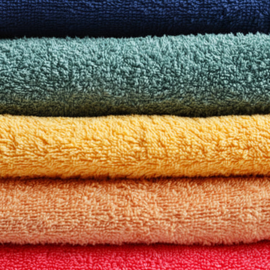 Stack of colorful towels in blue, green, yellow, orange, and red.