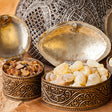 Decorative bowls with frankincense resin on a textured surface
