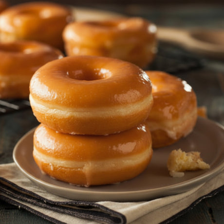 Glistening glazed donuts on a plate with more donuts in the background.