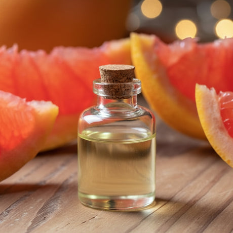 Bottle of grapefruit essential oil with sliced grapefruits on a wooden surface