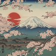 Japanese woodblock style image of cherry blossoms, mt fuji and the sun