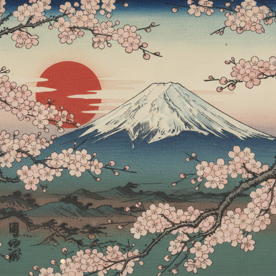 Japanese woodblock style image of cherry blossoms, mt fuji and the sun