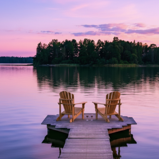 Two wooden chairs on a dock over a lake at sunset.