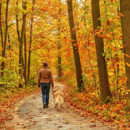 Person walking a dog through a colorful autumn forest
