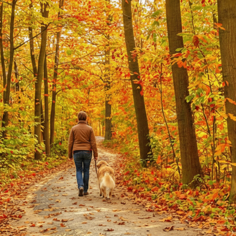 Person walking a dog through a colorful autumn forest