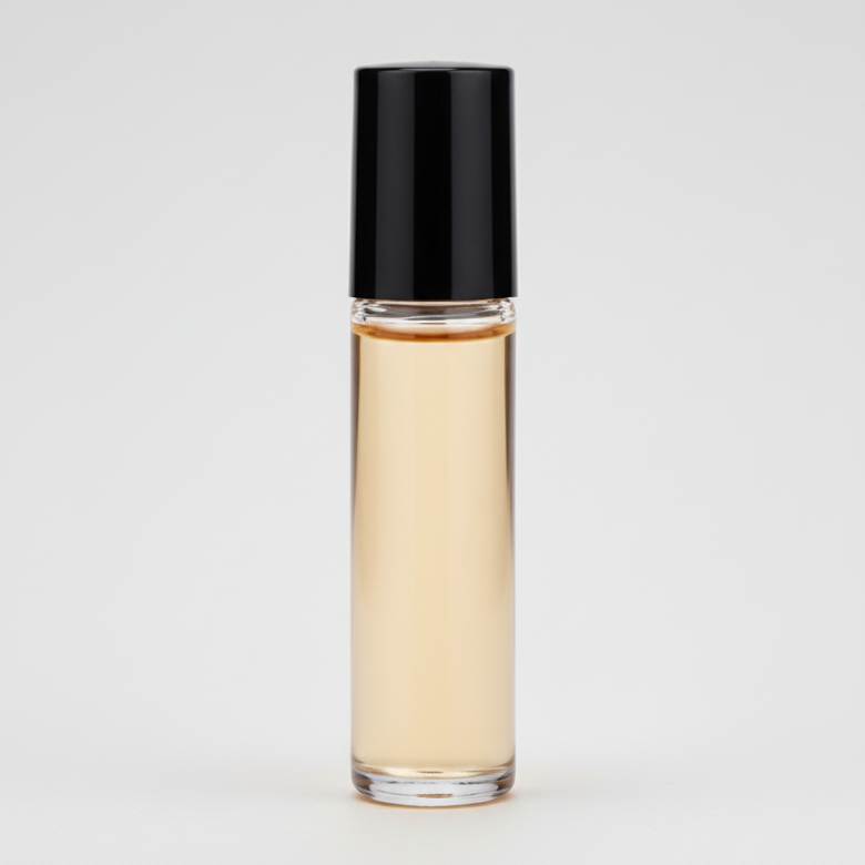 Roll-on bottle with amber liquid and black cap on a white background