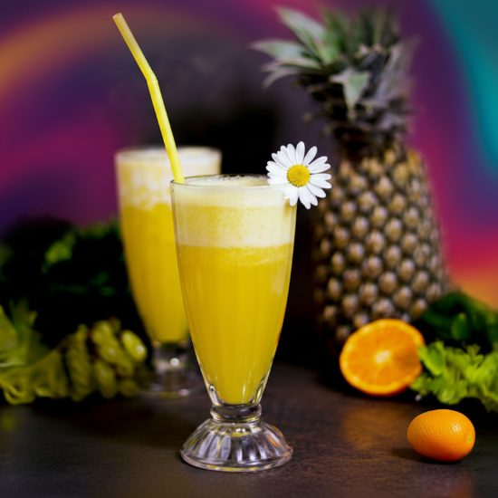 Two glasses of yellow juice with a pineapple and oranges on a colorful background
