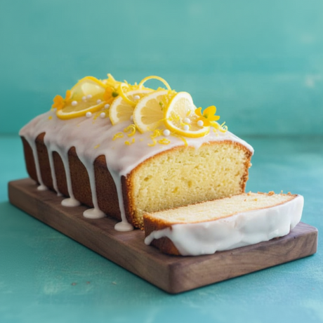 Loaf cake with white frosting and raspberries on a wooden board against a teal background