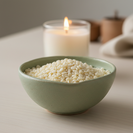 Green bowl with candle wax on a light surface with a candle in the background