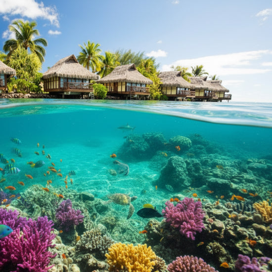 Overwater bungalows with clear blue water and palm trees in the background