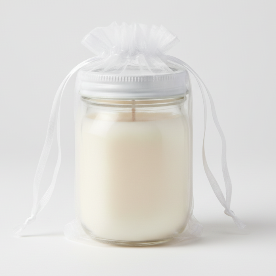 White organza drawstring bag on a green background