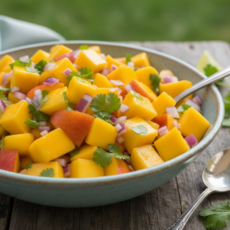 a bowl of juicy mango peach salsa