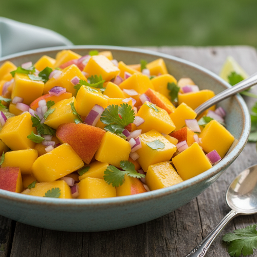 a bowl of juicy mango peach salsa