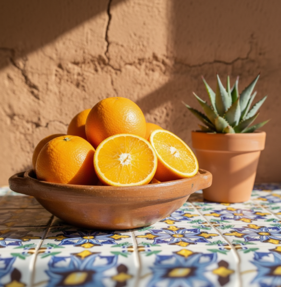 A bowl of whole and sliced oranges in front of an agave, with a orange-colored adobe wall in the background. on top of a mexican tiled table