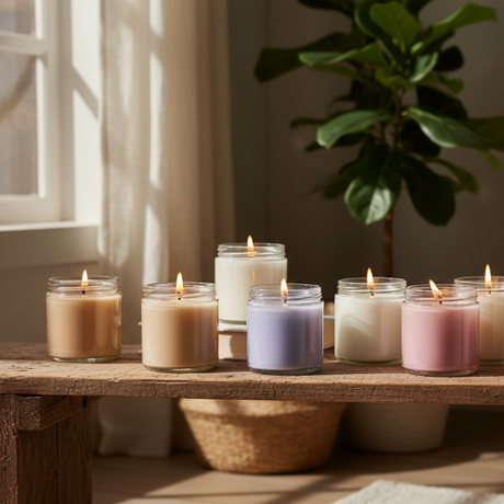 Row of colorful candles on a wooden table with a plant and chair in the background