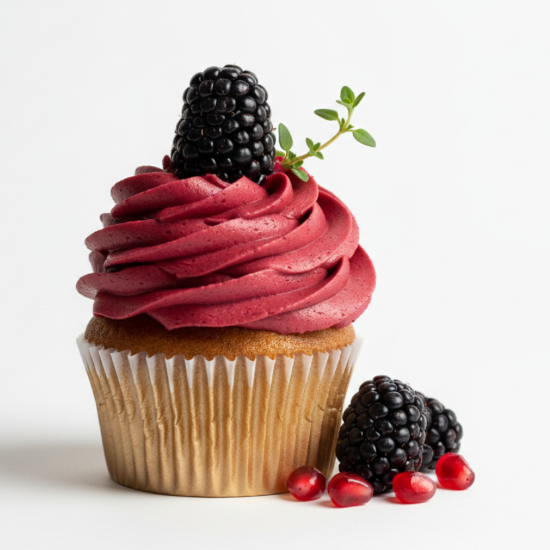 a cupcake topped with pomegranate frosting, garnished with a juicy blackberry and sprig of greenery