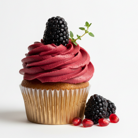 a cupcake topped with pomegranate frosting, garnished with a juicy blackberry and sprig of greenery