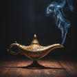 golden geanie lamp with smoke coming out of it. dark background. dramatic lighting. magical. 