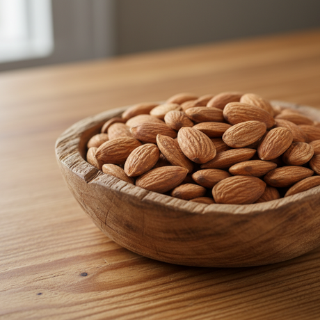 Wooden bowl filled with almonds on a wooden surface