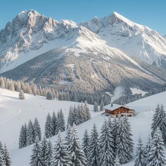 Snow-covered mountain landscape near ski slopes with a house and trees