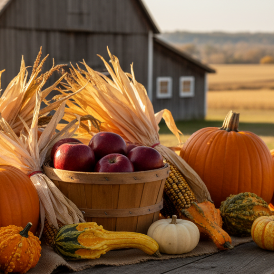 amish Autumnal scene with pumpkins, corn husks apples, and gourds on a wooden surface.