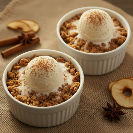 two freshly baked apple crumbles in white ramikin bowls on a pale burlap cloth