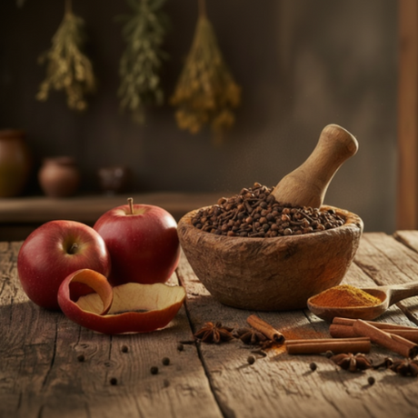 Mortar and pestle with spices and two apples and apple peels on a wooden surface. include Cinnamon sticks Cloves on the table