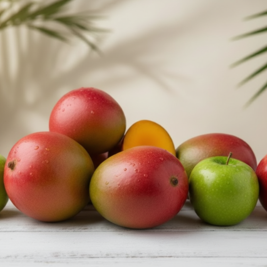 apples and mangos playfully arranged. vibrant colors