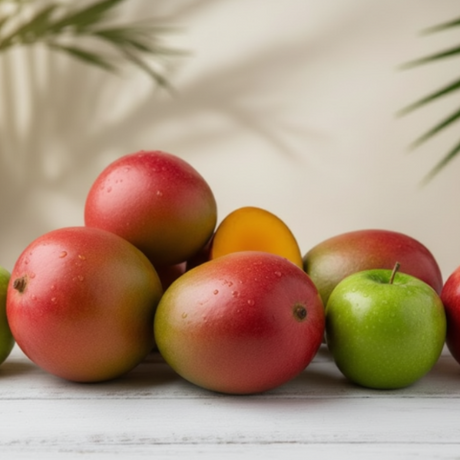 apples and mangos playfully arranged. vibrant colors