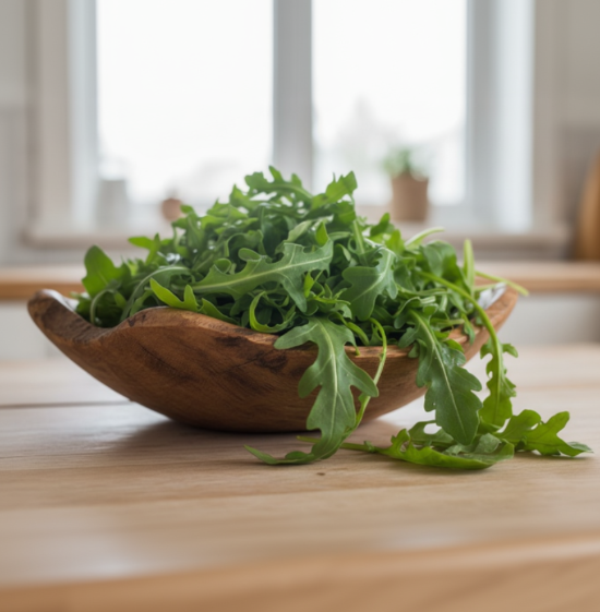 Wooden bowl overflowing with fresh green arugula leaves on a light wooden surface.