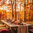 Decorated wooden table with candles and fall-themed decorations against a backdrop of autumn trees.