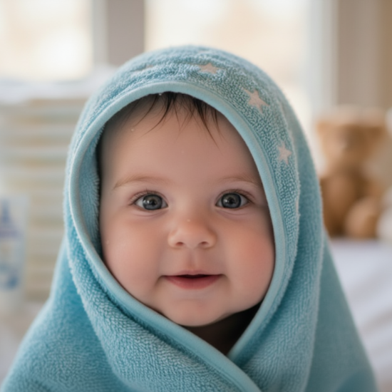 cute baby, fresh and clean wrapped in a baby blue towel looking at the camera. close crop