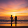silhouette of two people holding hands on a beach at sunset with a vibrant sky.
