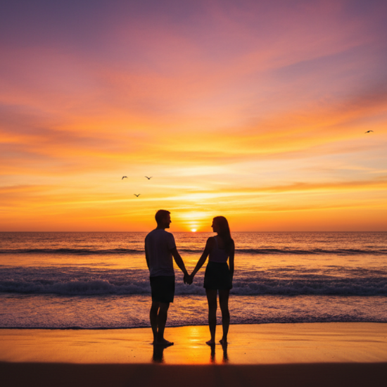 silhouette of two people holding hands on a beach at sunset with a vibrant sky.