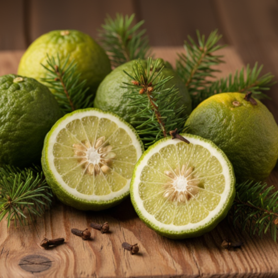 bergamot fruits mixed with spruce leaves on a cedar board. a few cloves are scattered. 