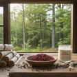 Candle labeled 'Birch & Black Pepper' on a wooden surface with a forest view through a window.