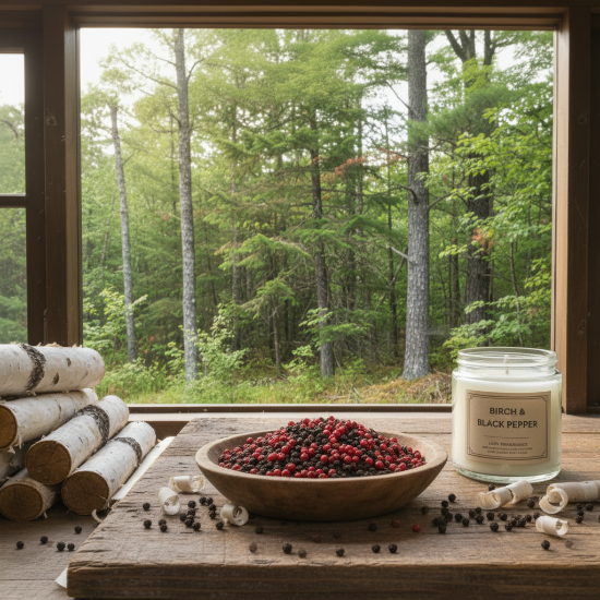 Candle labeled 'Birch & Black Pepper' on a wooden surface with a forest view through a window.