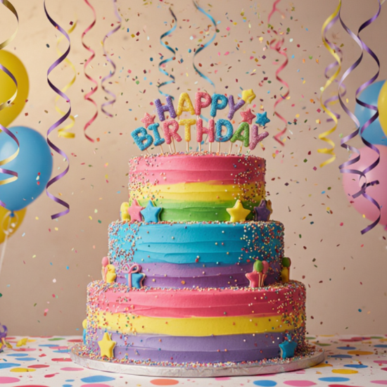 Colorful birthday cake with 'Happy Birthday' text on a decorative background