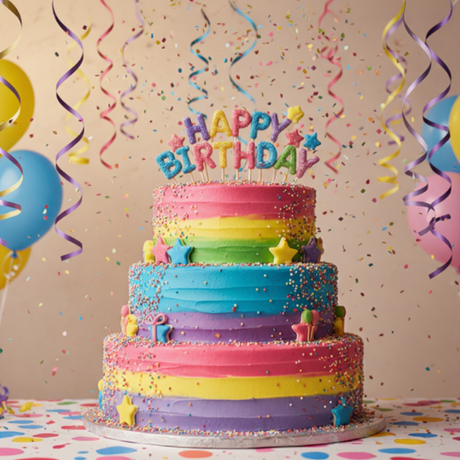 Colorful birthday cake with 'Happy Birthday' text on a decorative background