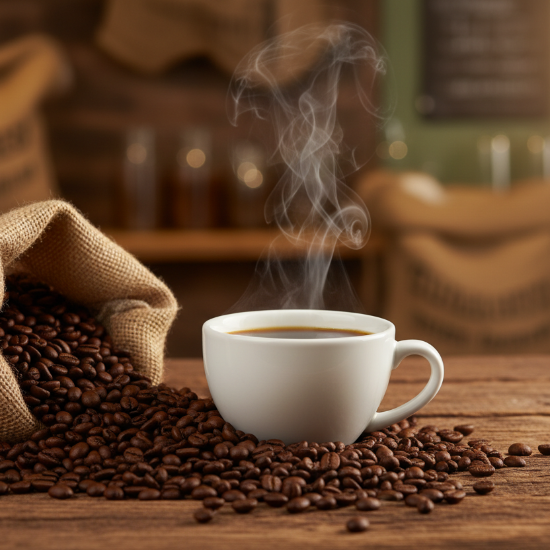 Steaming cup of coffee on a wooden table with coffee beans and a burlap bag in a cozy setting.